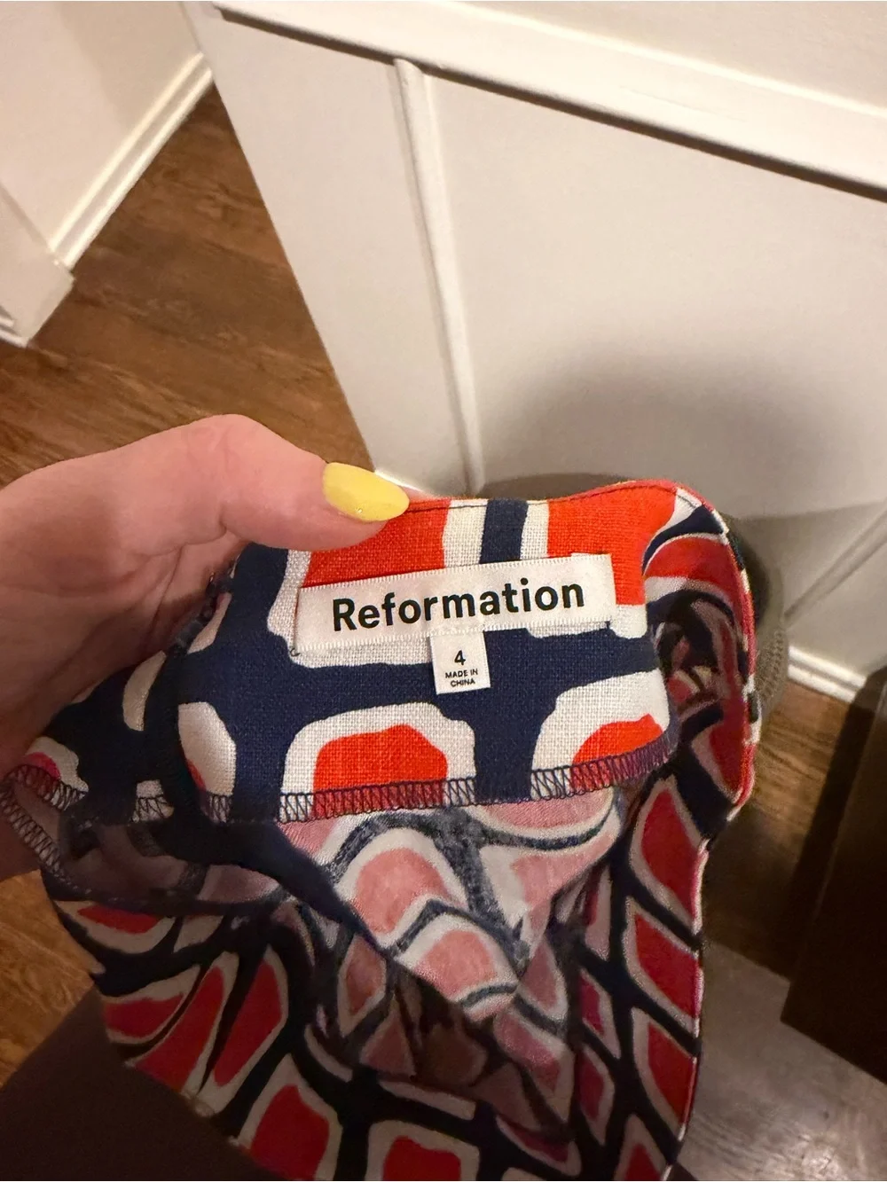 Reformation “Veranda Skirt in Napoli - Red and Navy Geometric Print Mini Skirt